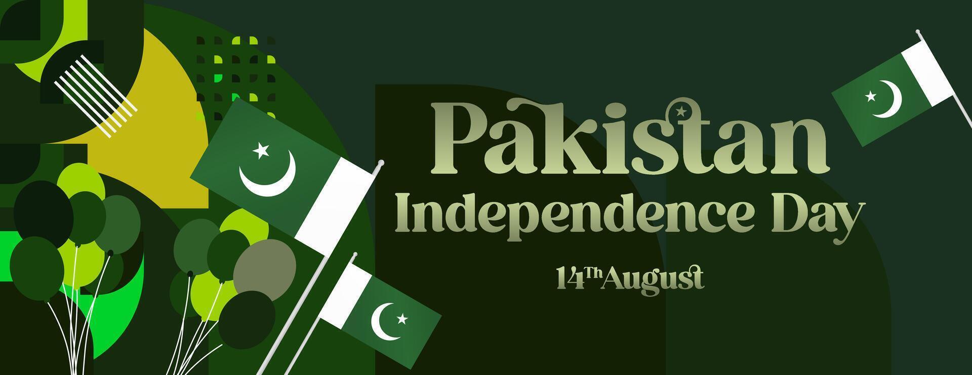 Pakistan Independence Day banner in modern geometric style. Wide banner with typography and also country flag. Background for National holiday celebration party. Happy Independence Day of Pakistan vector