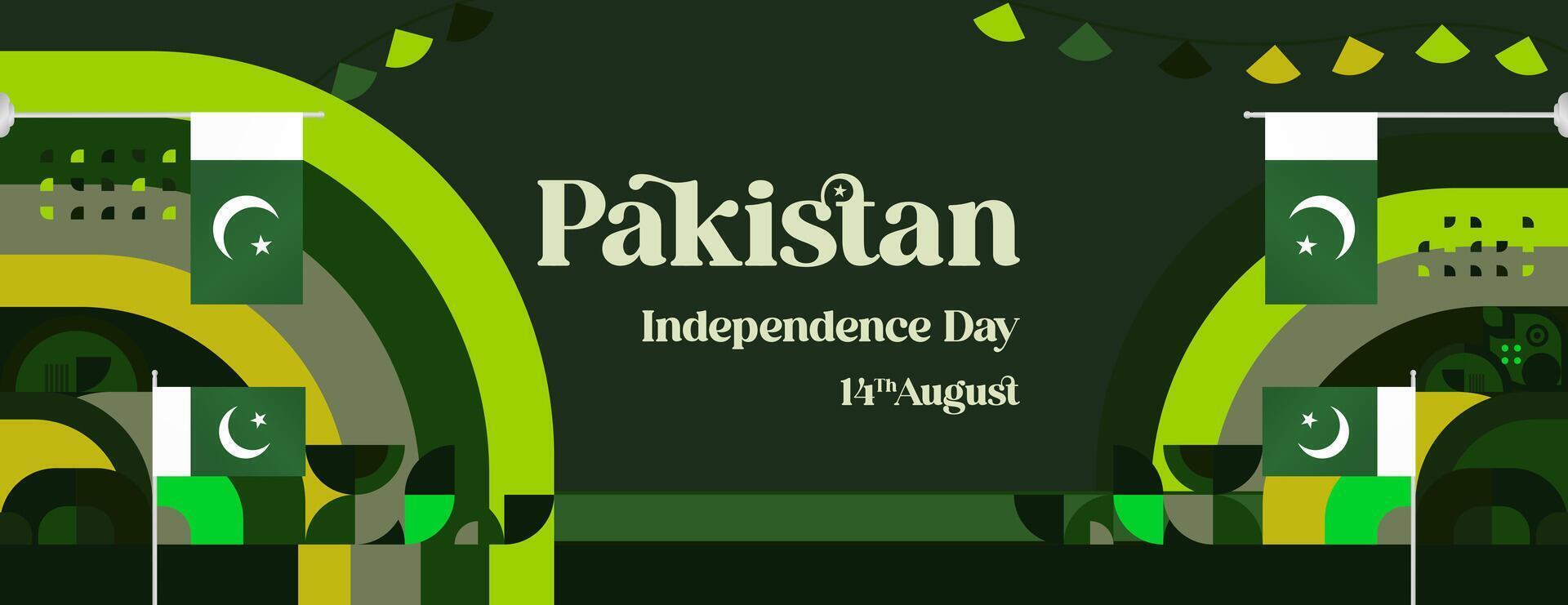 Pakistan Independence Day banner in modern geometric style. Wide banner with typography and also country flag. Background for National holiday celebration party. Happy Independence Day of Pakistan vector