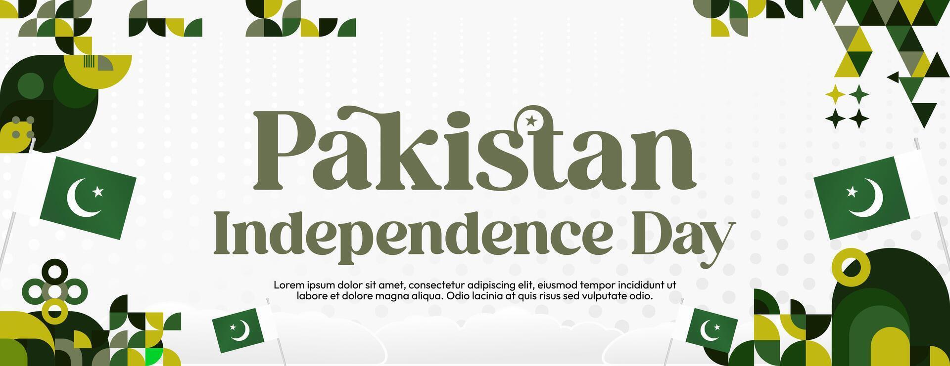 Pakistan Independence Day banner in modern geometric style. Wide banner with typography and also country flag. Background for National holiday celebration party. Happy Independence Day of Pakistan vector