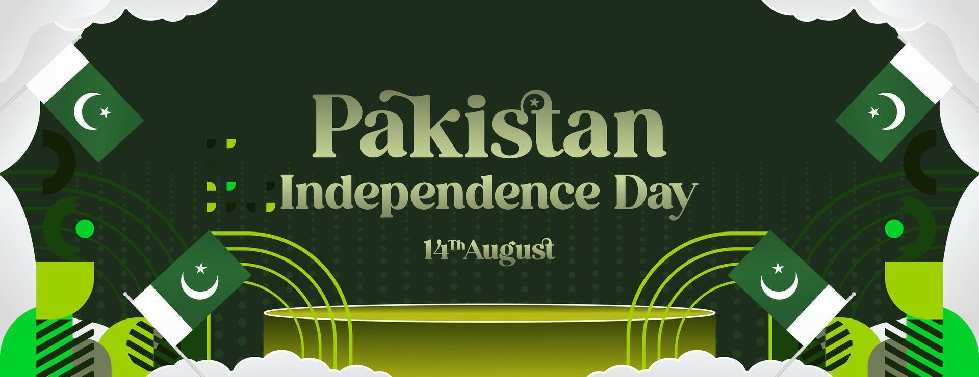 Pakistan Independence Day banner in modern geometric style. Wide banner with typography and also country flag. Background for National holiday celebration party. Happy Independence Day of Pakistan vector