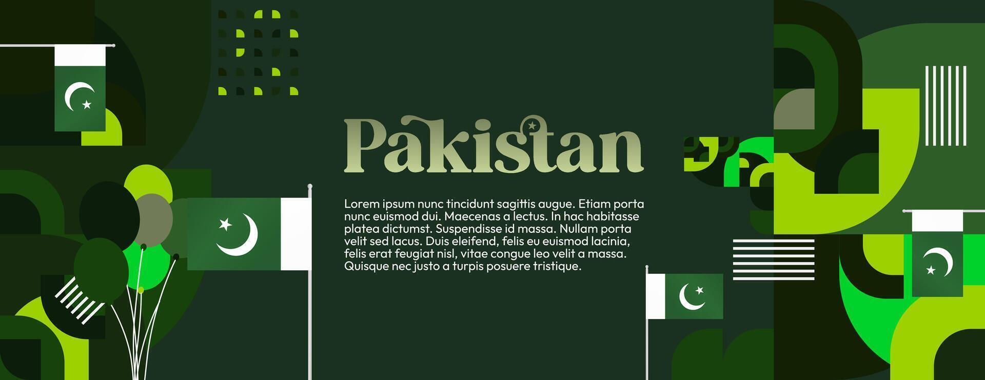 Pakistan Independence Day banner in modern geometric style. Wide banner with typography and also country flag. Background for National holiday celebration party. Happy Independence Day of Pakistan vector