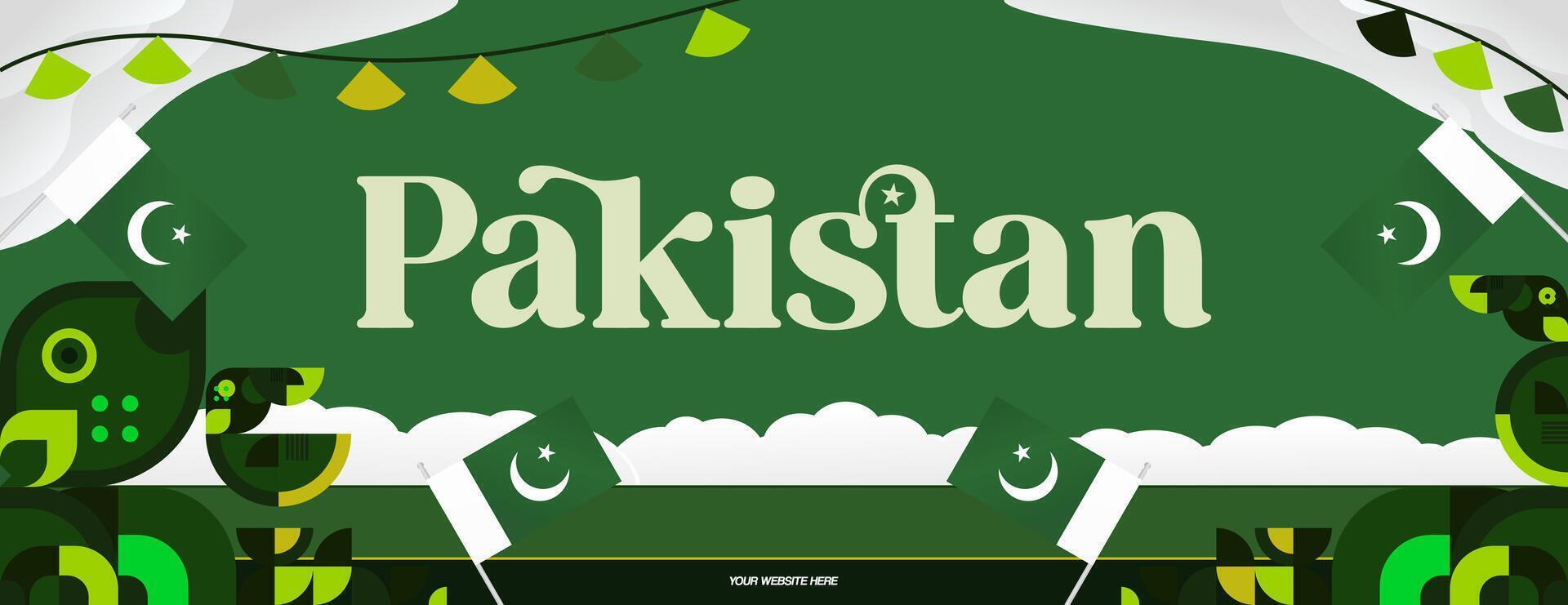 Pakistan Independence Day banner in modern geometric style. Wide banner with typography and also country flag. Background for National holiday celebration party. Happy Independence Day of Pakistan vector