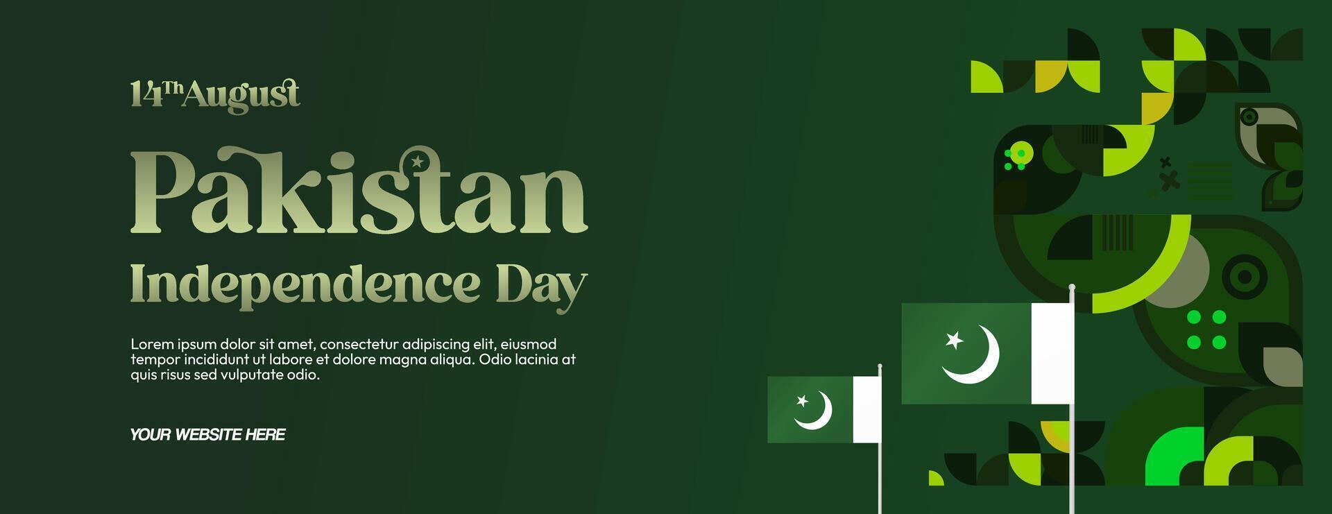 Pakistan Independence Day banner in modern geometric style. Wide banner with typography and also country flag. Background for National holiday celebration party. Happy Independence Day of Pakistan vector