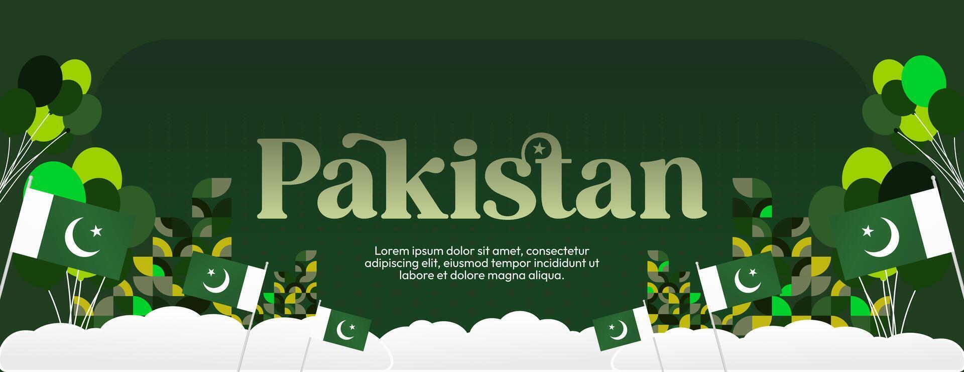 Pakistan Independence Day banner in modern geometric style. Wide banner with typography and also country flag. Background for National holiday celebration party. Happy Independence Day of Pakistan vector