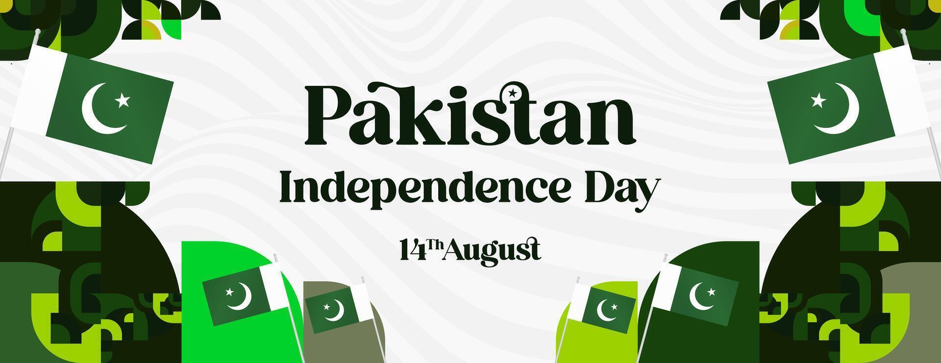 Pakistan Independence Day banner in modern geometric style. Wide banner with typography and also country flag. Background for National holiday celebration party. Happy Independence Day of Pakistan vector