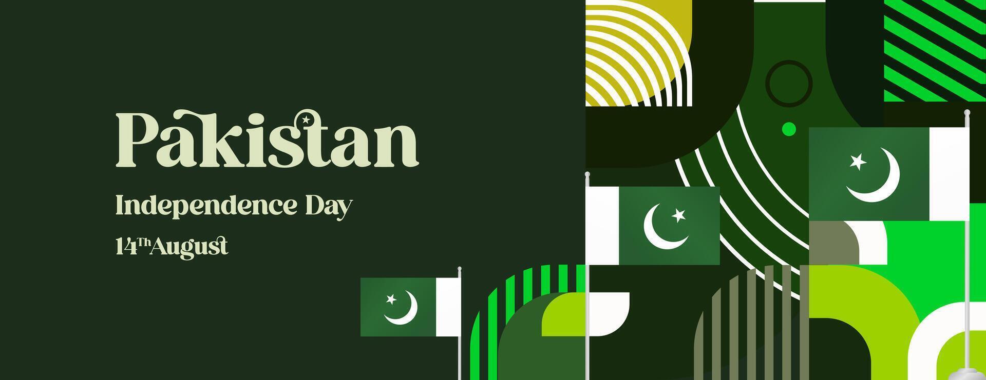 Pakistan Independence Day banner in modern geometric style. Wide banner with typography and also country flag. Background for National holiday celebration party. Happy Independence Day of Pakistan vector