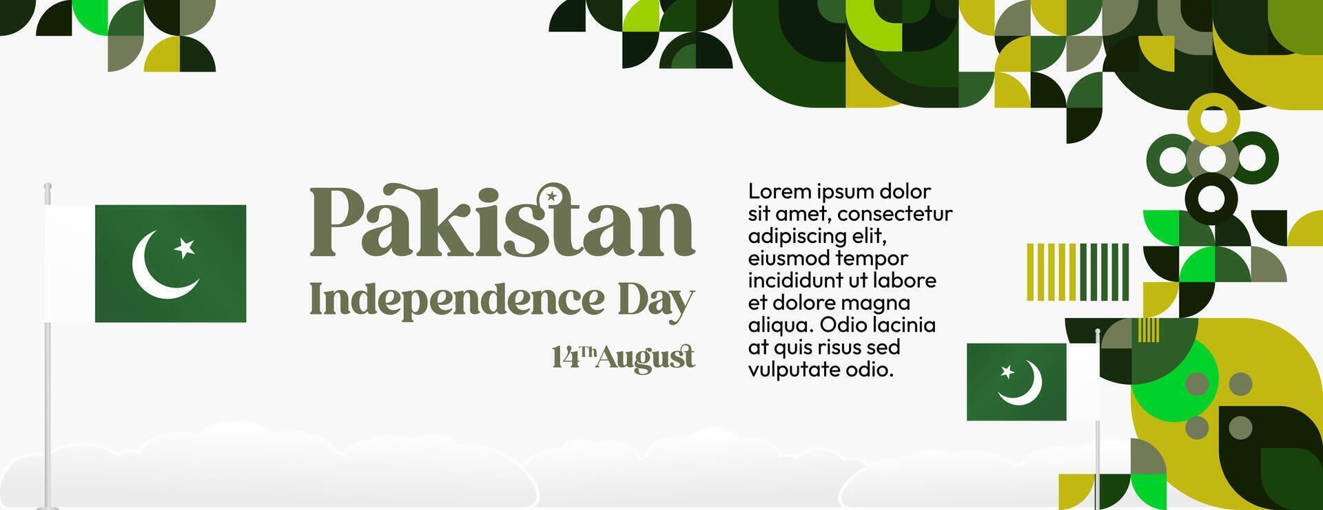 Pakistan Independence Day banner in modern geometric style. Wide banner with typography and also country flag. Background for National holiday celebration party. Happy Independence Day of Pakistan vector