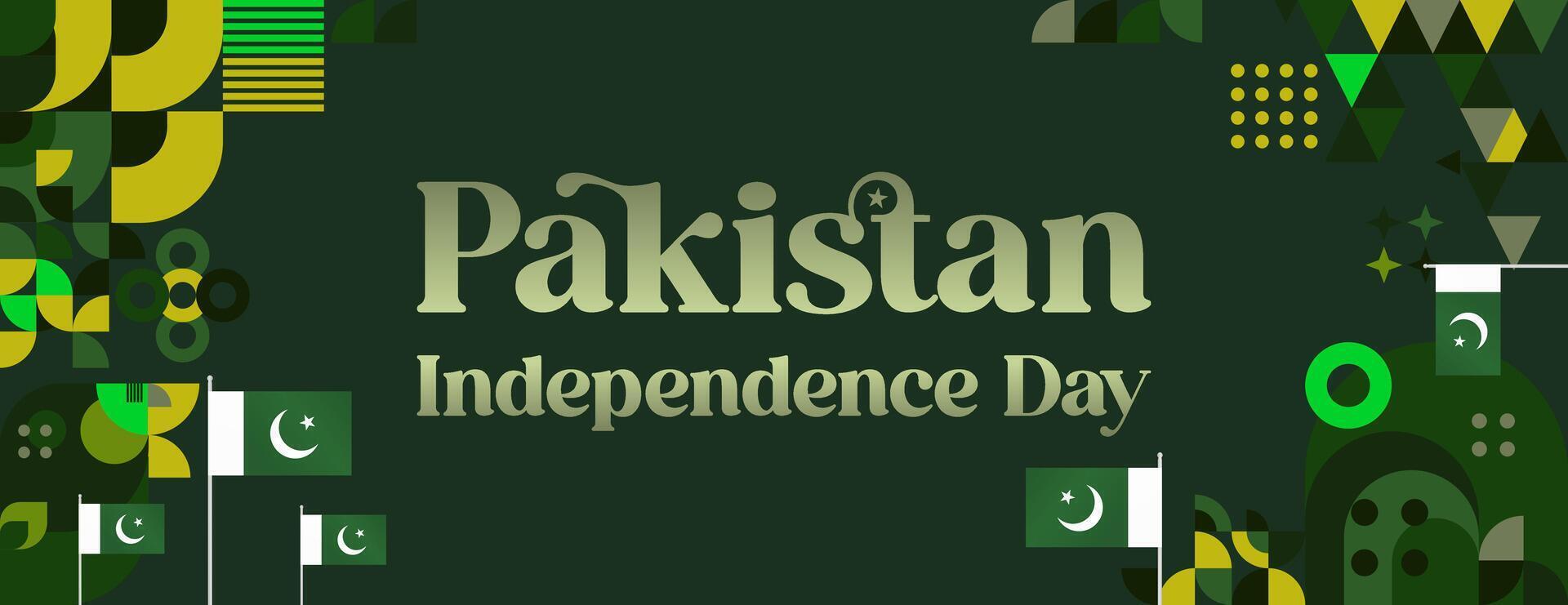 Pakistan Independence Day banner in modern geometric style. Wide banner with typography and also country flag. Background for National holiday celebration party. Happy Independence Day of Pakistan vector