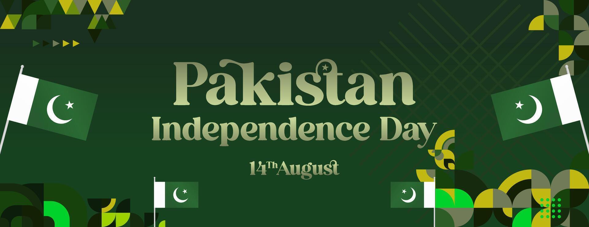 Pakistan Independence Day banner in modern geometric style. Wide banner with typography and also country flag. Background for National holiday celebration party. Happy Independence Day of Pakistan vector