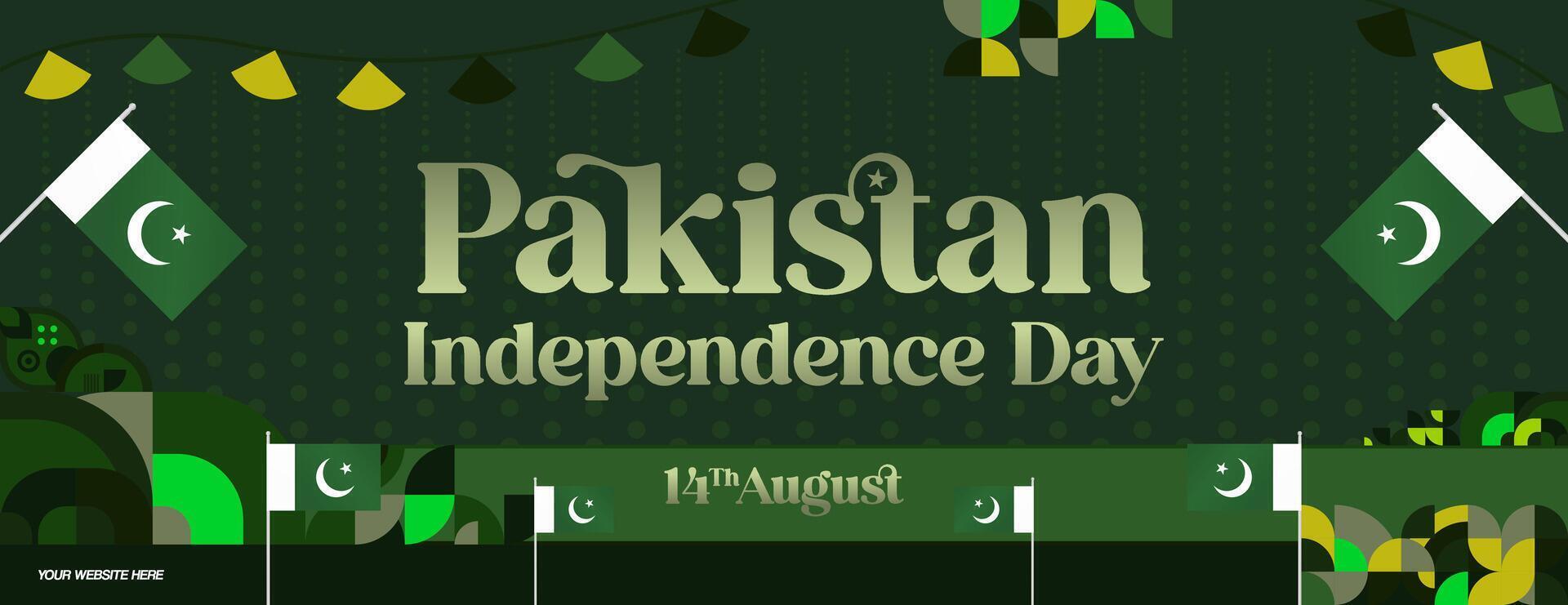 Pakistan Independence Day banner in modern geometric style. Wide banner with typography and also country flag. Background for National holiday celebration party. Happy Independence Day of Pakistan vector