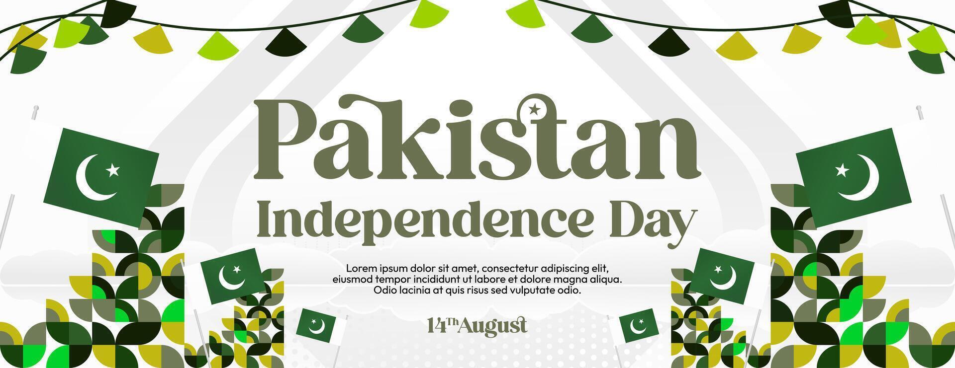 Pakistan Independence Day banner in modern geometric style. Wide banner with typography and also country flag. Background for National holiday celebration party. Happy Independence Day of Pakistan vector