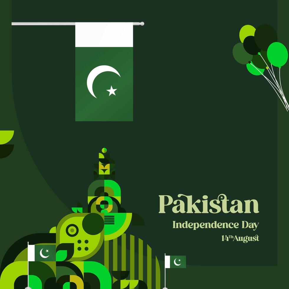 Pakistan Independence Day banner in modern geometric style. Square banner for celebration day with flags and typography. National holiday celebration backgrounds. Happy Pakistan Independence Day vector