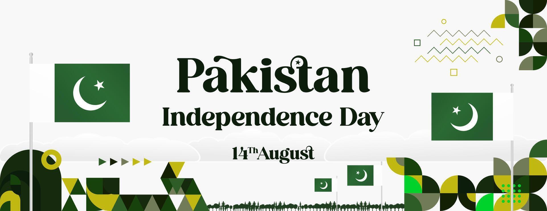 Pakistan Independence Day banner in modern geometric style. Wide banner with typography and also country flag. Background for National holiday celebration party. Happy Independence Day of Pakistan vector