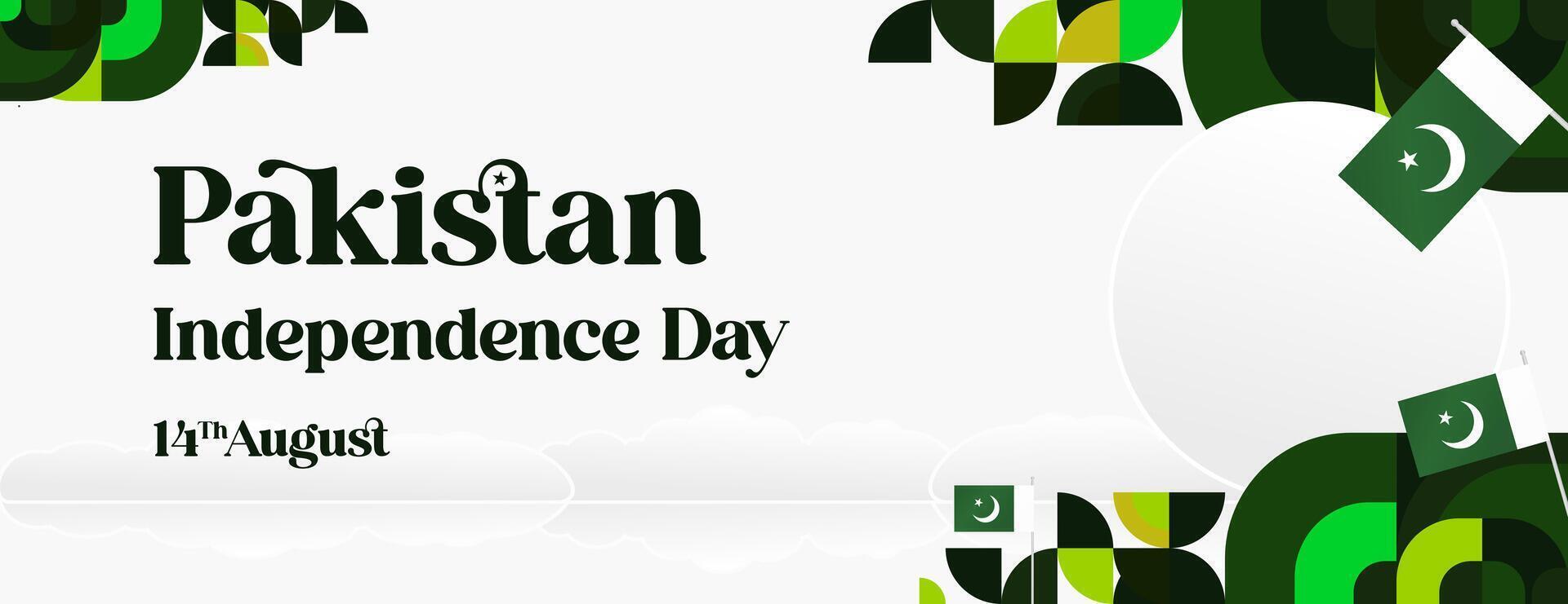 Pakistan Independence Day banner in modern geometric style. Wide banner with typography and also country flag. Background for National holiday celebration party. Happy Independence Day of Pakistan vector