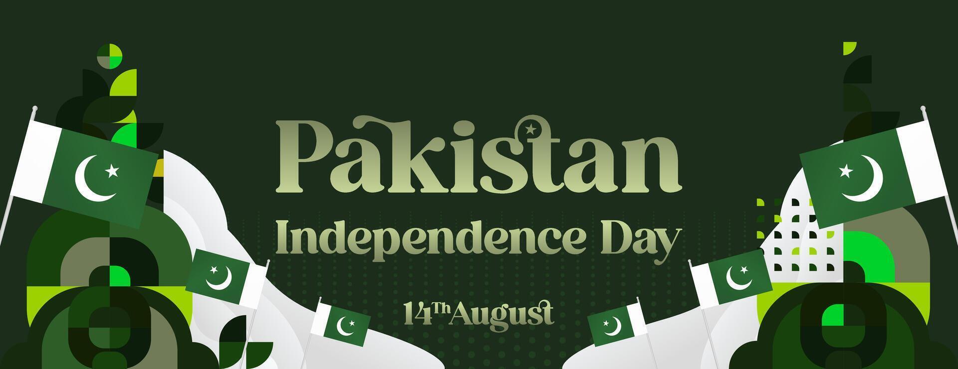 Pakistan Independence Day banner in modern geometric style. Wide banner with typography and also country flag. Background for National holiday celebration party. Happy Independence Day of Pakistan vector