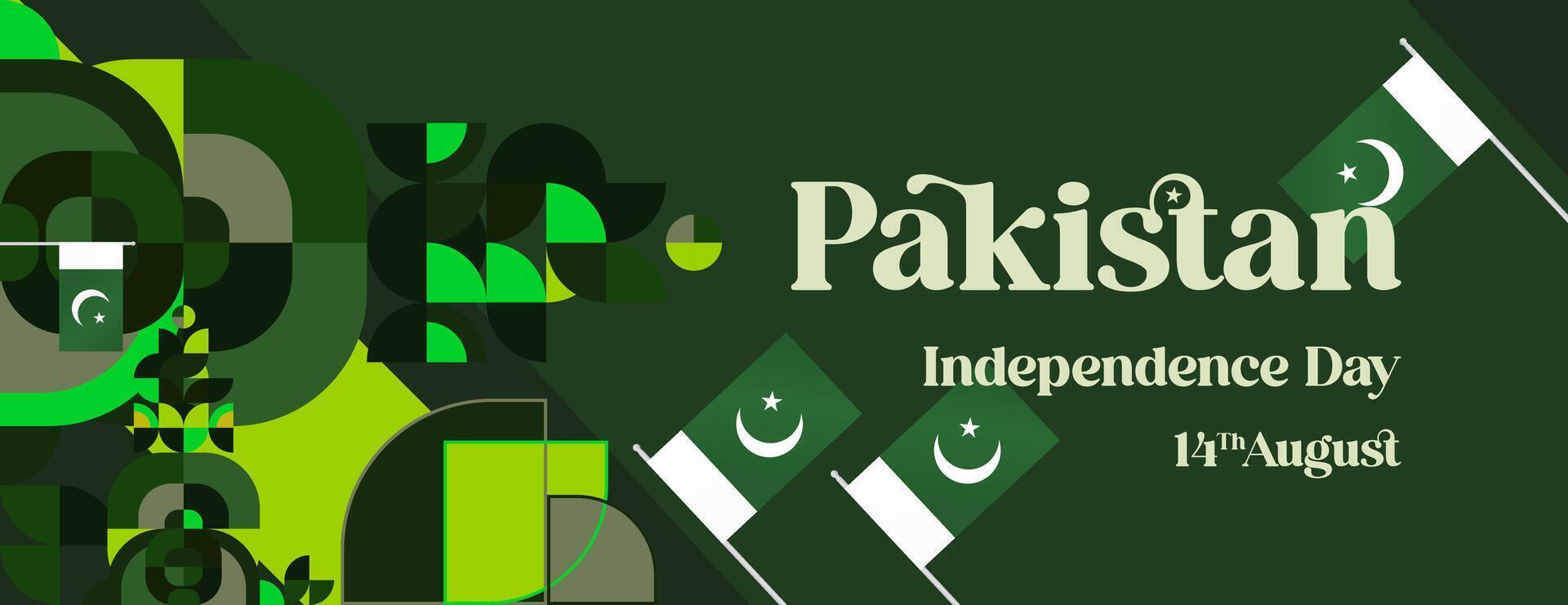 Pakistan Independence Day banner in modern geometric style. Wide banner with typography and also country flag. Background for National holiday celebration party. Happy Independence Day of Pakistan vector