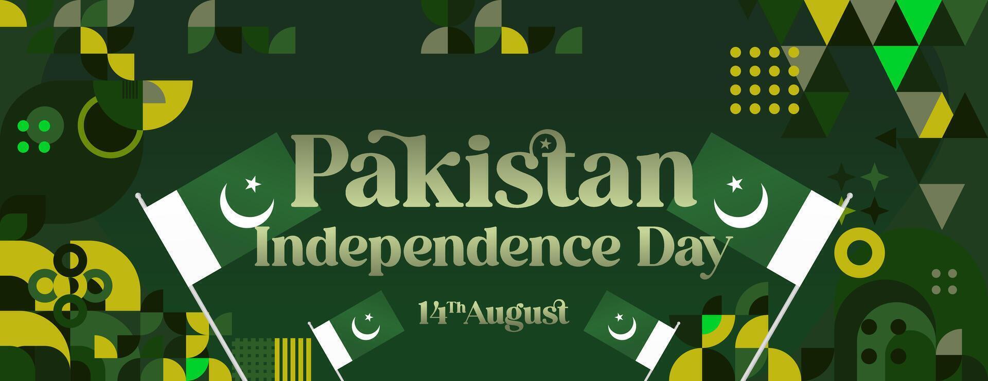 Pakistan Independence Day banner in modern geometric style. Wide banner with typography and also country flag. Background for National holiday celebration party. Happy Independence Day of Pakistan vector