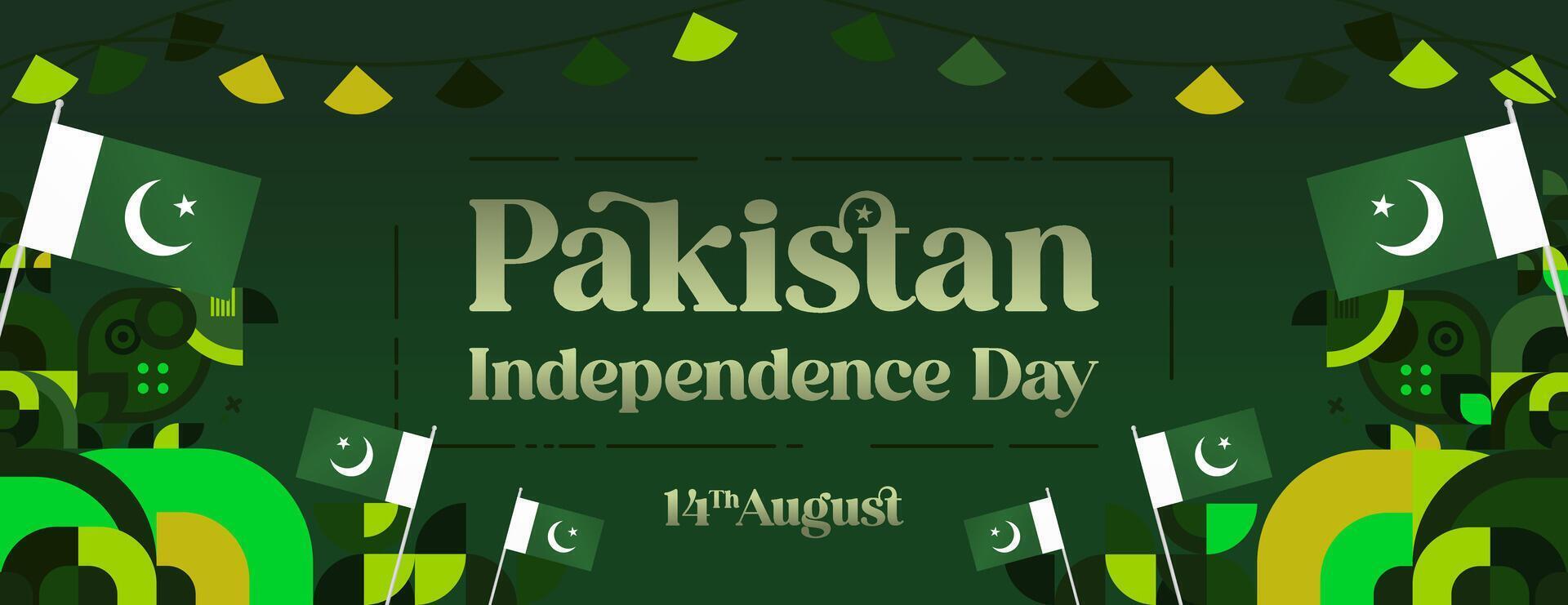 Pakistan Independence Day banner in modern geometric style. Wide banner with typography and also country flag. Background for National holiday celebration party. Happy Independence Day of Pakistan vector