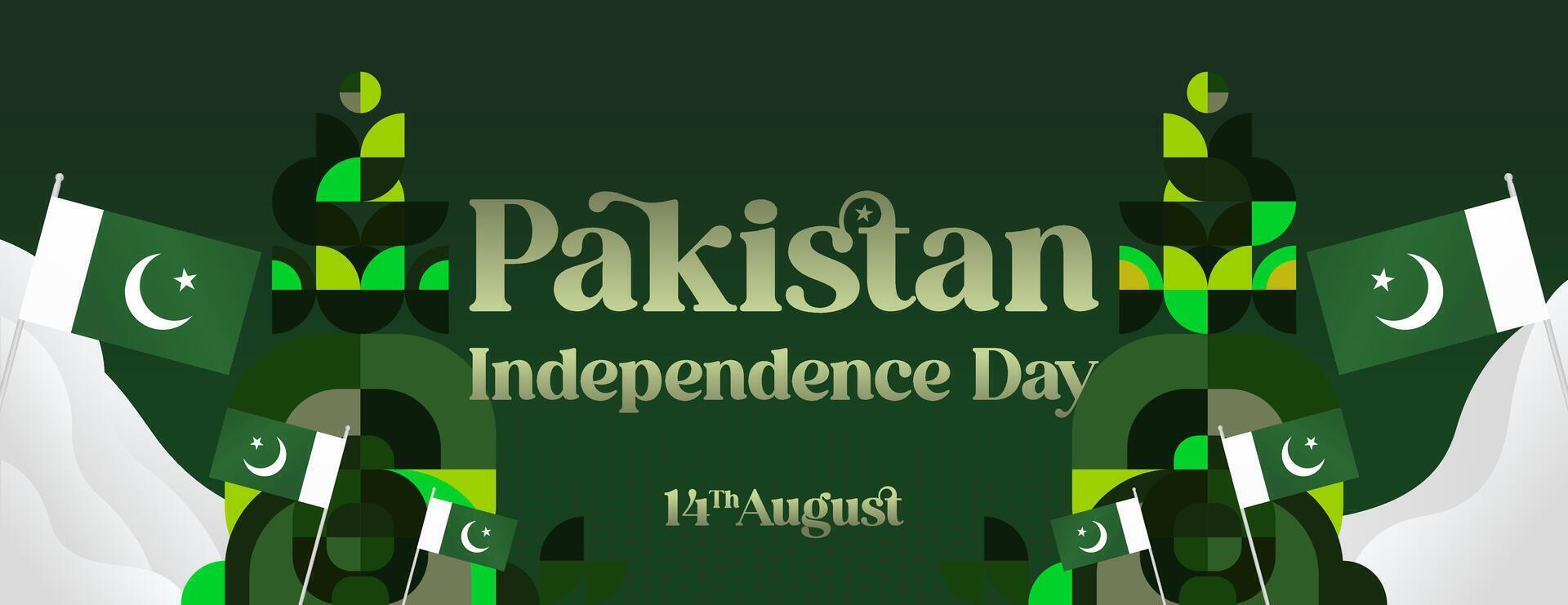 Pakistan Independence Day banner in modern geometric style. Wide banner with typography and also country flag. Background for National holiday celebration party. Happy Independence Day of Pakistan vector