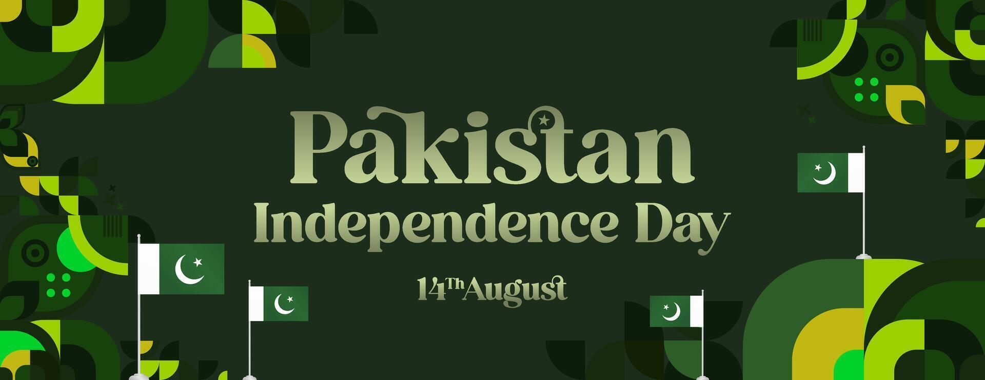 Pakistan Independence Day banner in modern geometric style. Wide banner with typography and also country flag. Background for National holiday celebration party. Happy Independence Day of Pakistan vector