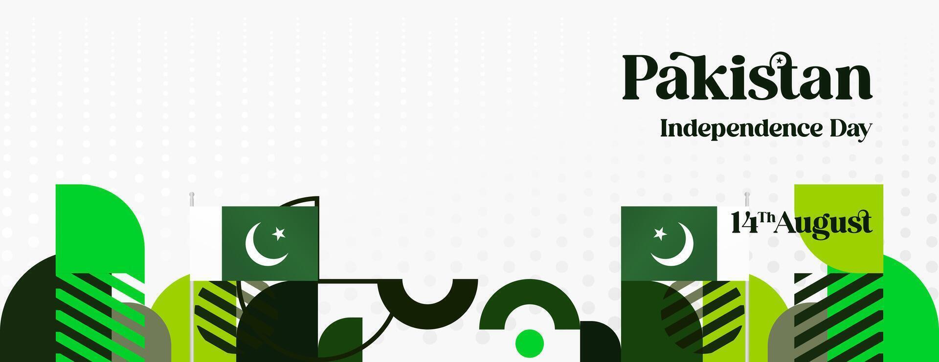 Pakistan Independence Day banner in modern geometric style. Wide banner with typography and also country flag. Background for National holiday celebration party. Happy Independence Day of Pakistan vector