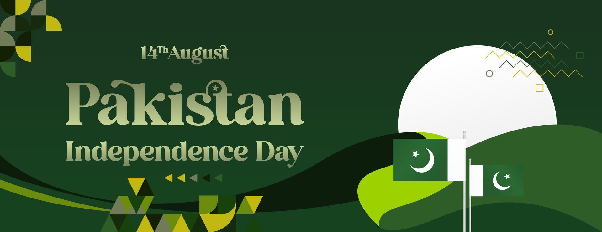 Pakistan Independence Day banner in modern geometric style. Wide banner with typography and also country flag. Background for National holiday celebration party. Happy Independence Day of Pakistan vector