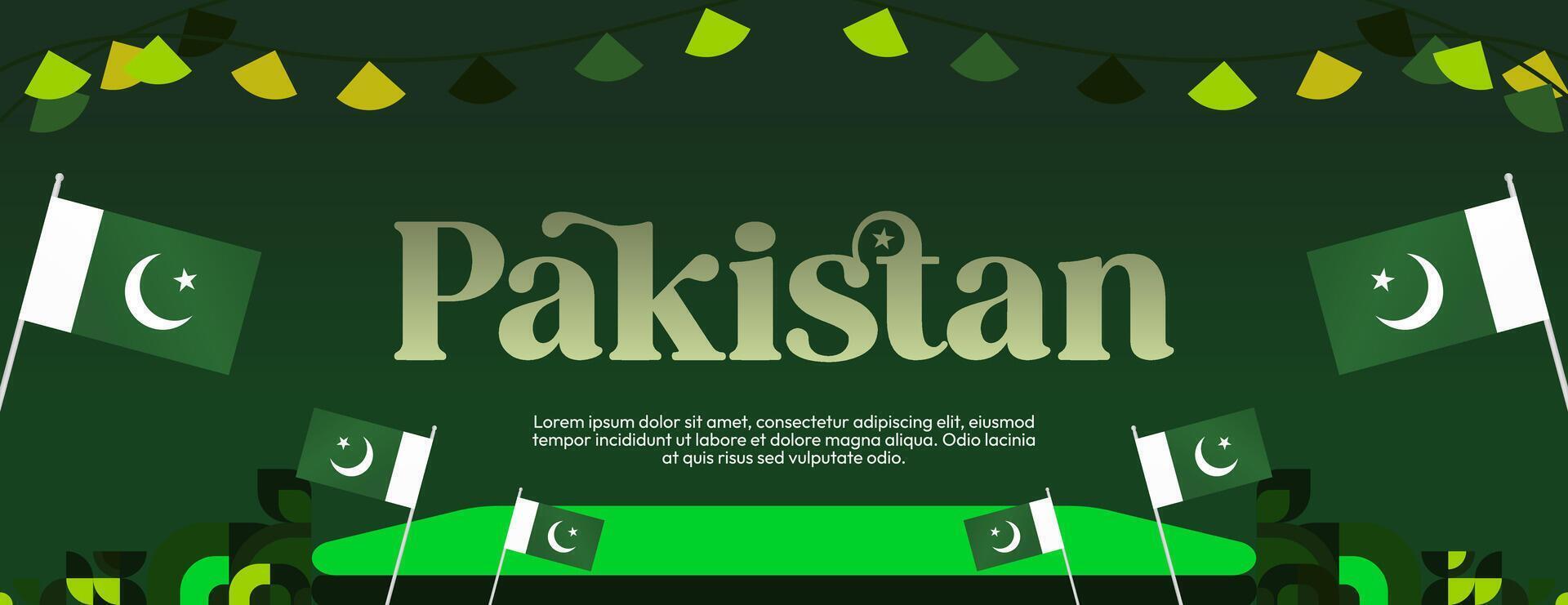 Pakistan Independence Day banner in modern geometric style. Wide banner with typography and also country flag. Background for National holiday celebration party. Happy Independence Day of Pakistan vector