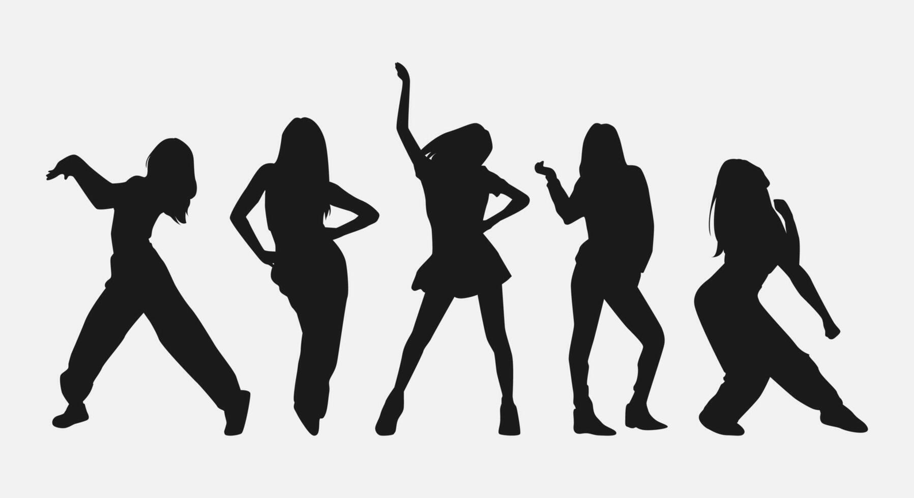 set of five female dancer silhouettes. street dancers with various different styles, poses, movements. graphic illustration. vector
