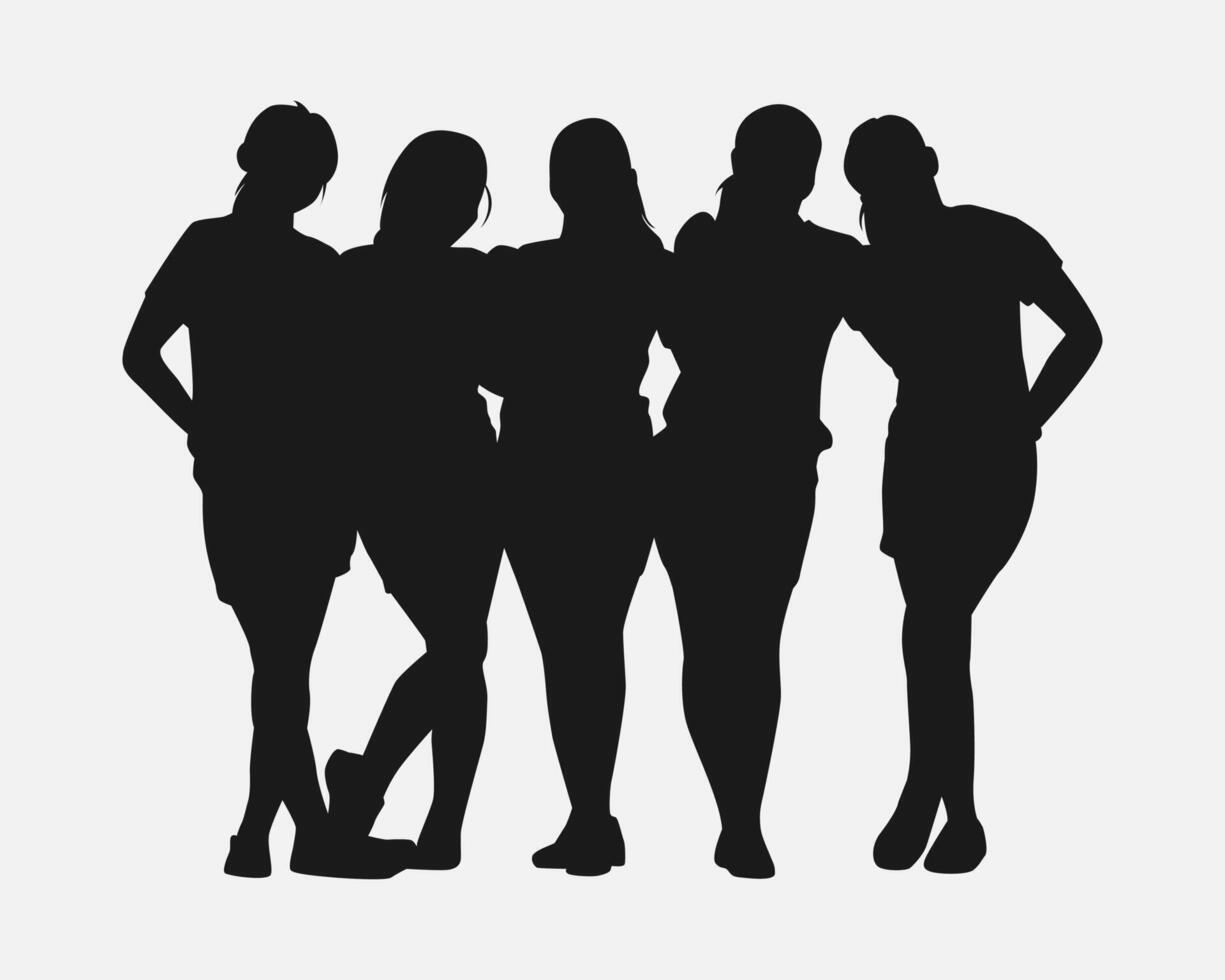 silhouette of several young girls embracing each other. friendship, family. isolated on white background. graphic illustration. vector