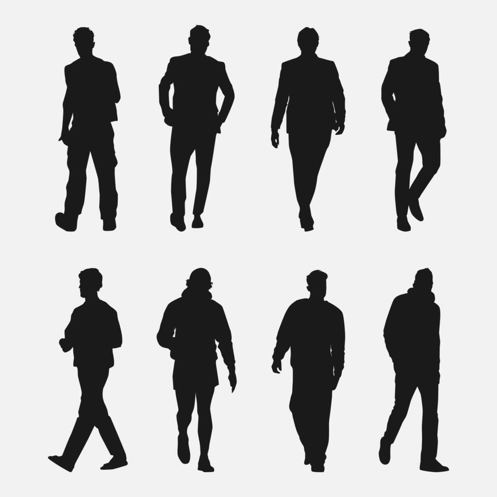 set of silhouettes of men walking forward. isolated on white background. graphic illustration. vector