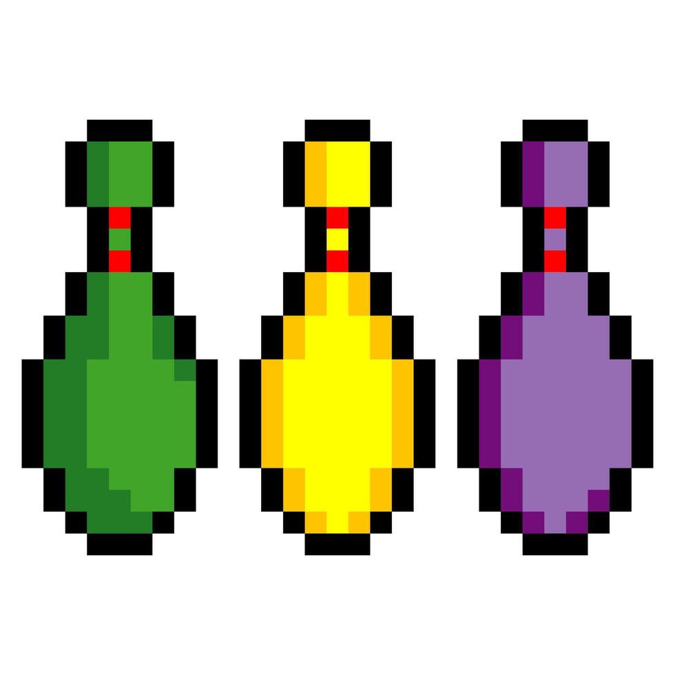 Multi colored bowling pins in 8 bit pixel art style vector