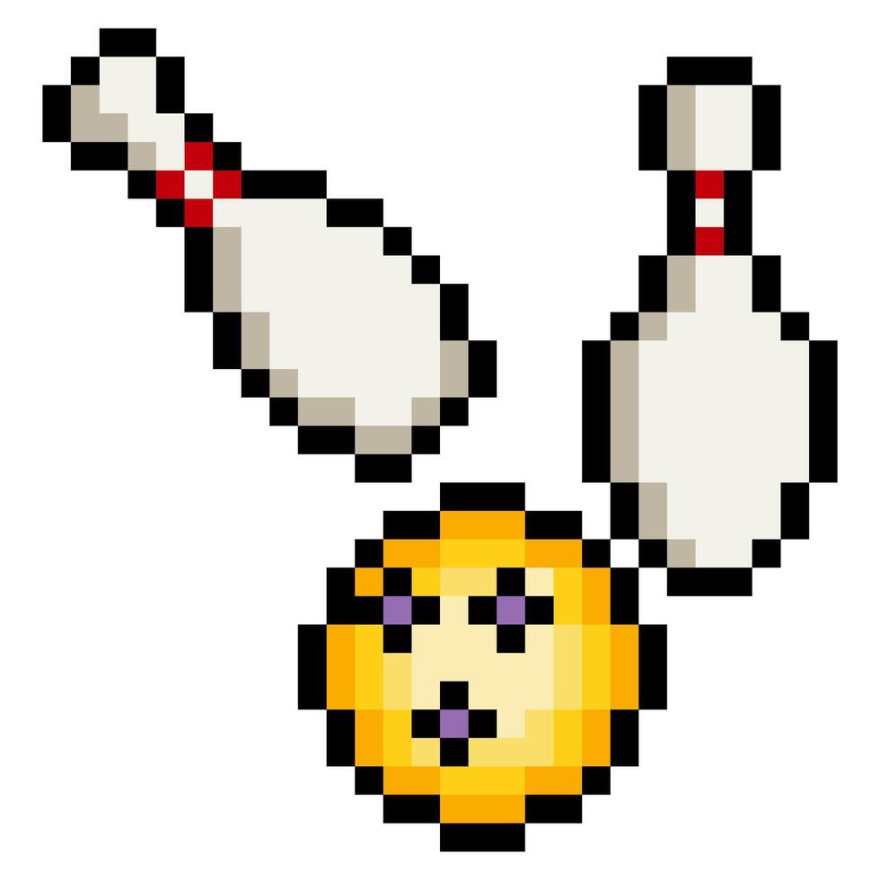 Bowling ball and bowling pins in 8 bit pixel art style vector