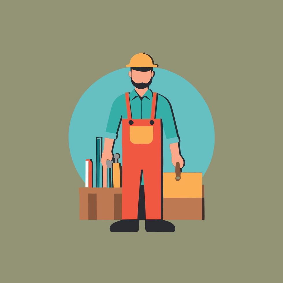 worker and builder wearing construction hat and tools vector