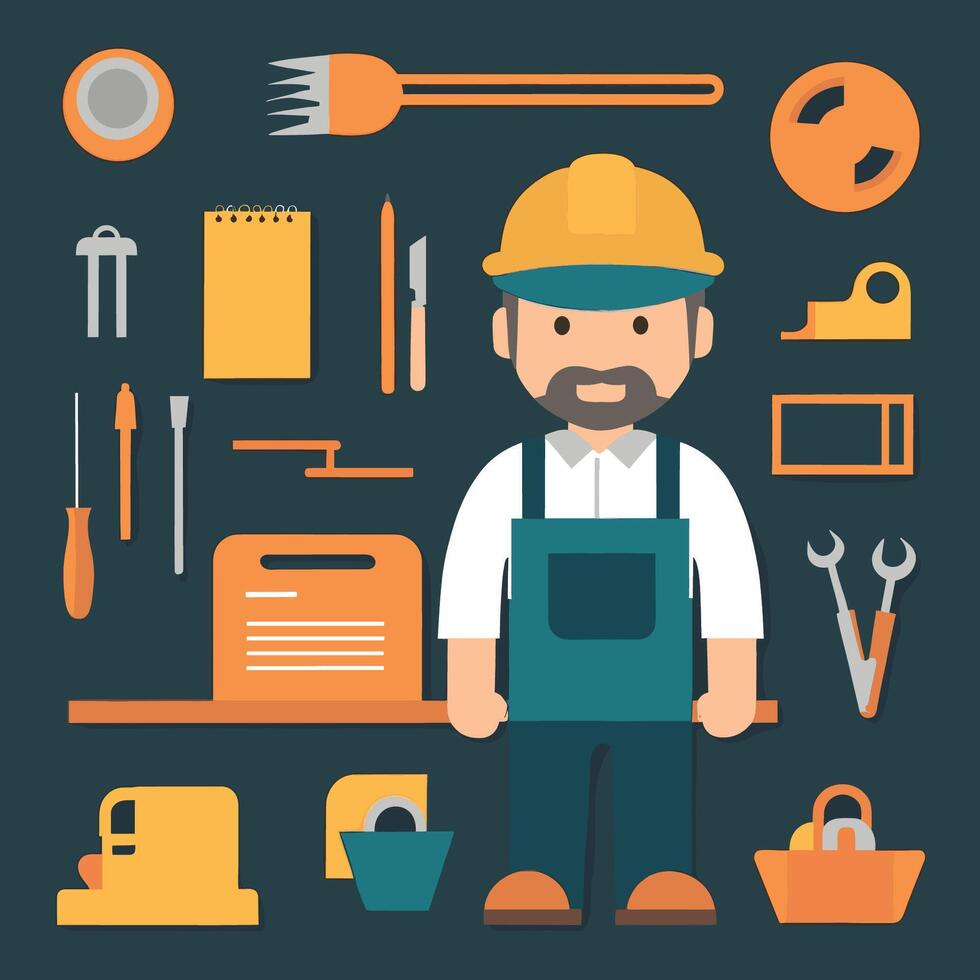 worker and builder wearing construction hat and tools vector