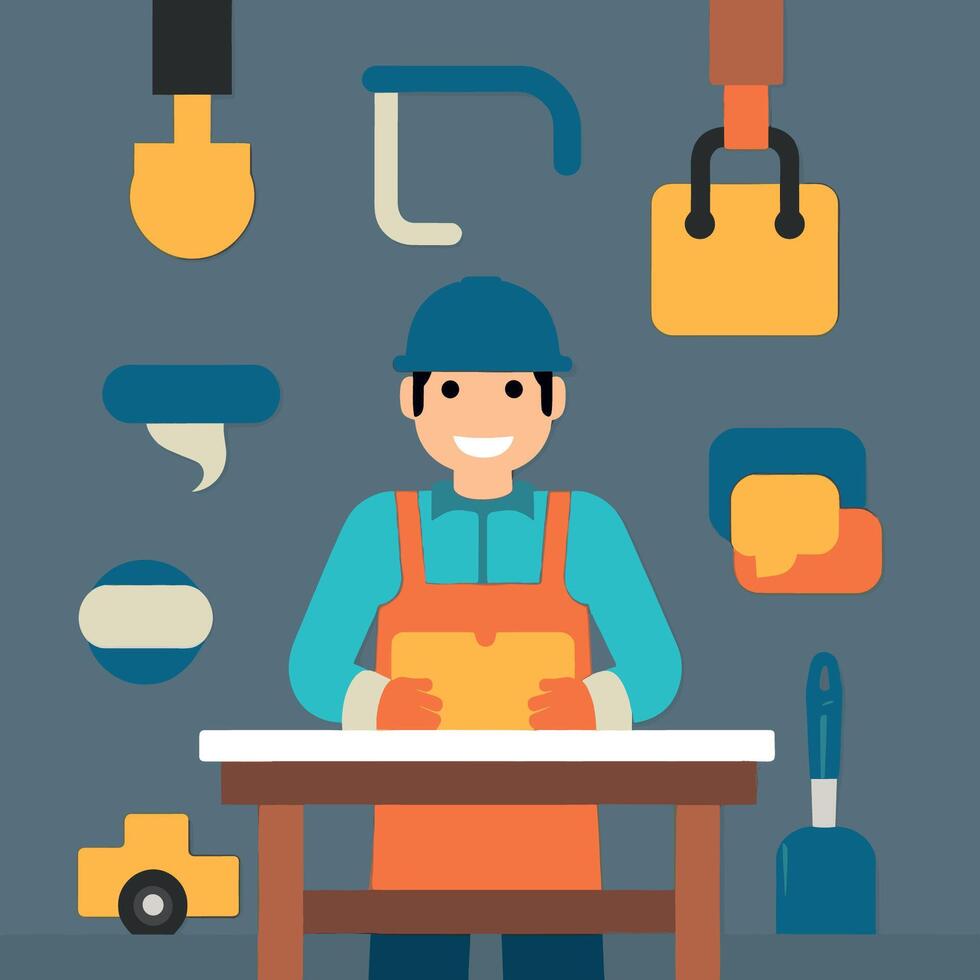 worker and builder wearing construction hat and tools vector
