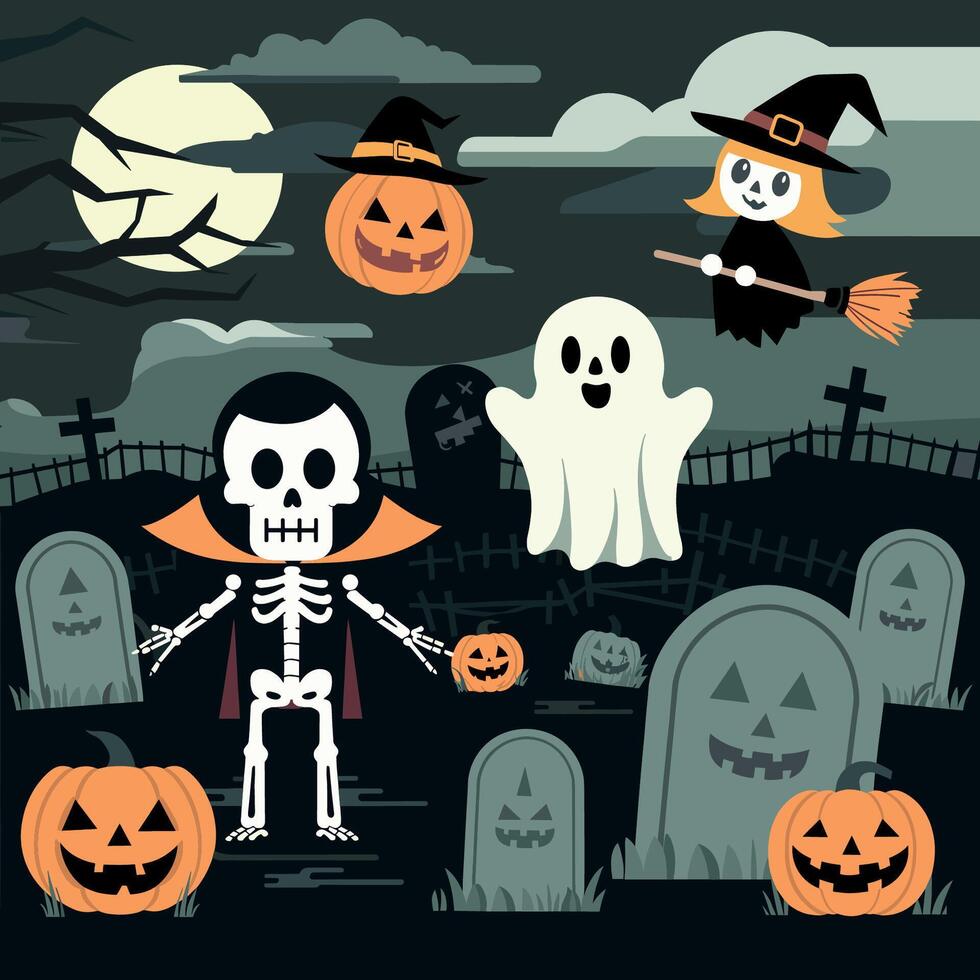 Halloween witch, skull and pumpkin, dark theme vector
