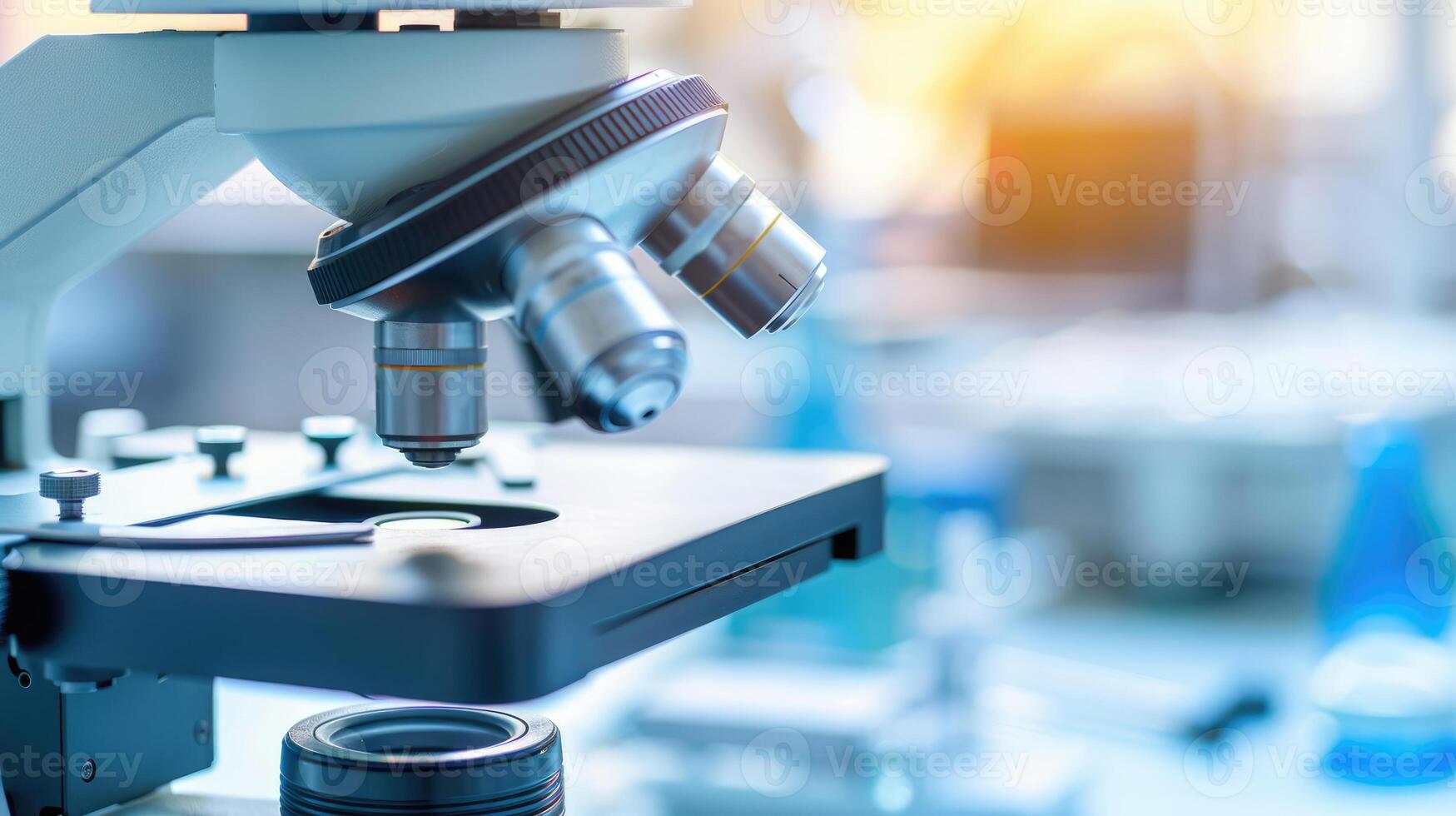 Closeup of a modern microscope. High technology laboratories. Blurred background photo