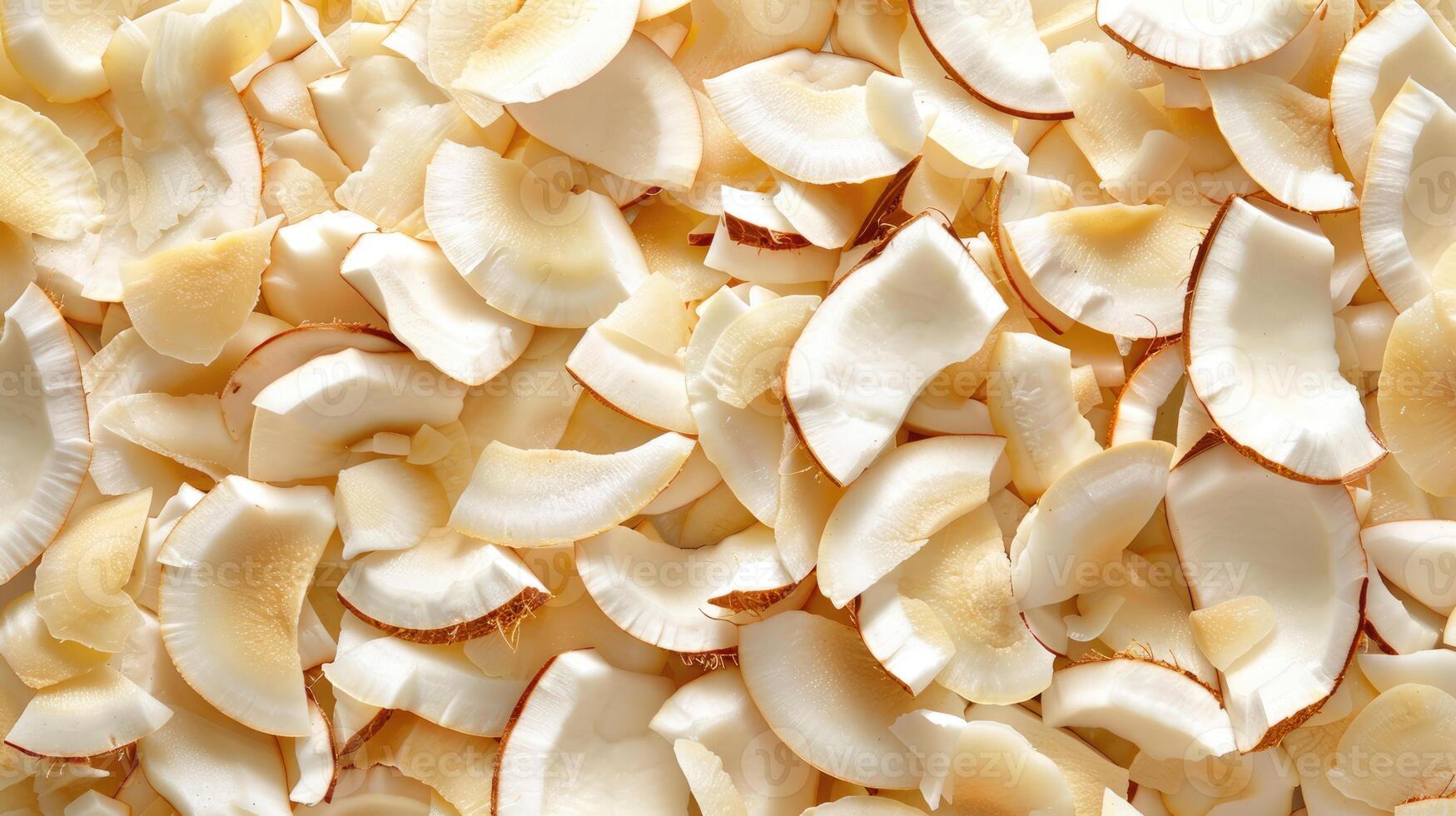 Coconut pieces are scattered across the background photo