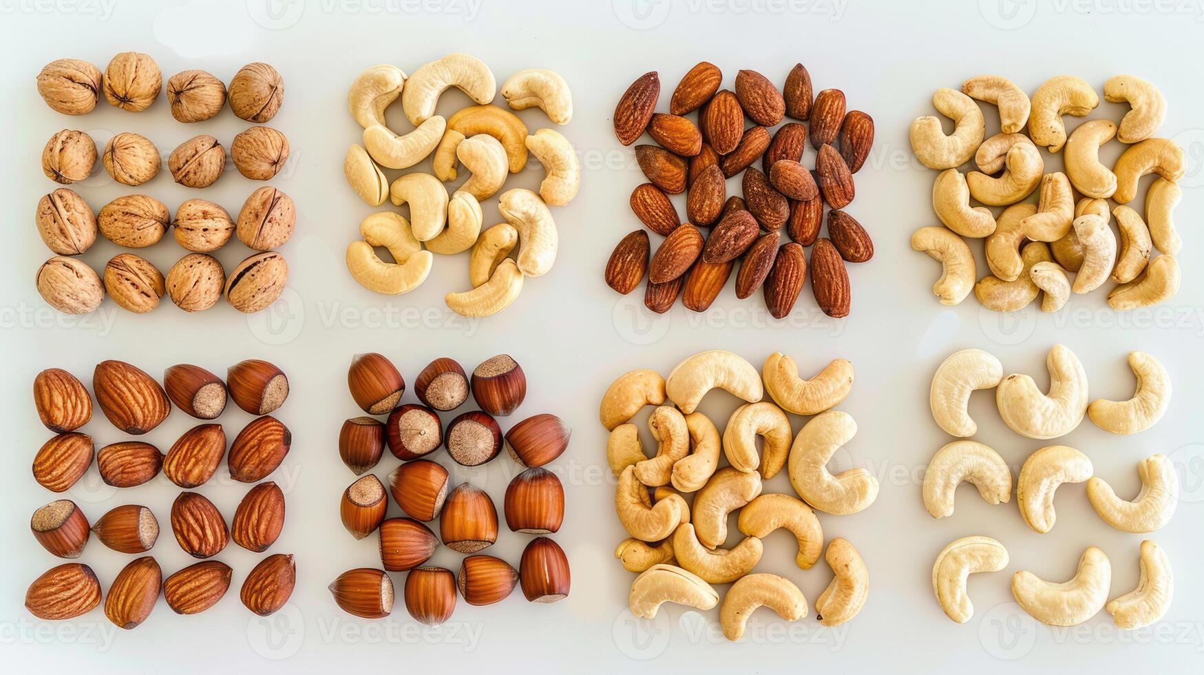 Rows of different nuts on a white background photo