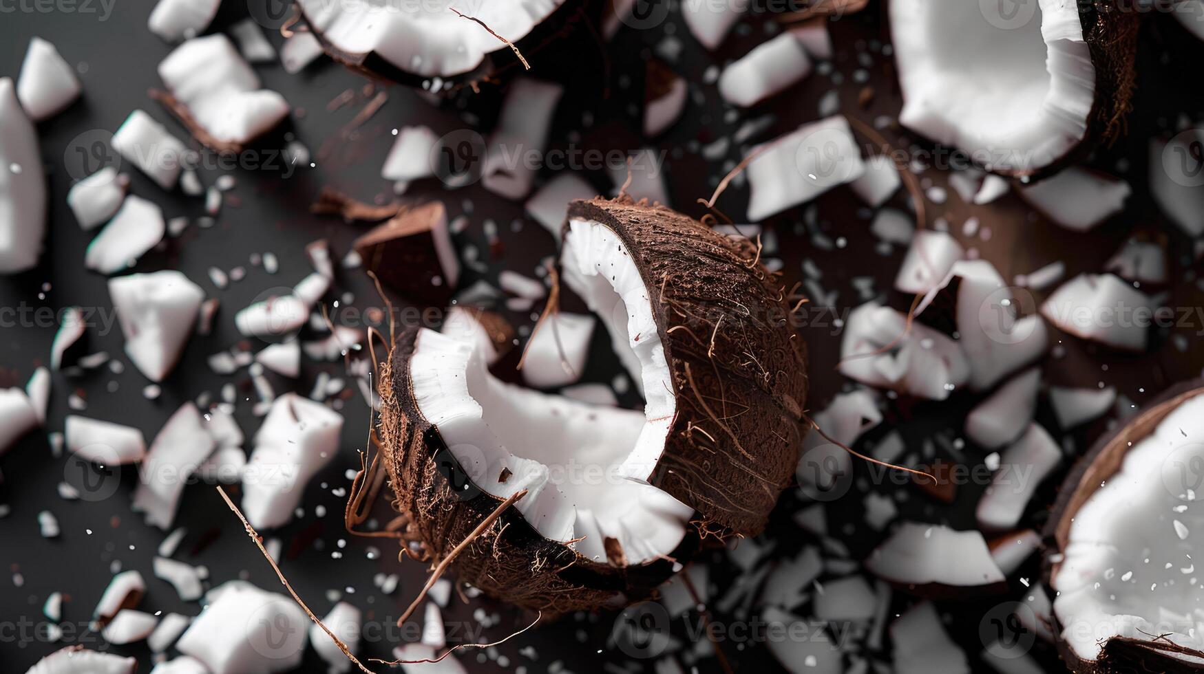 Coconut pieces are scattered across the background photo