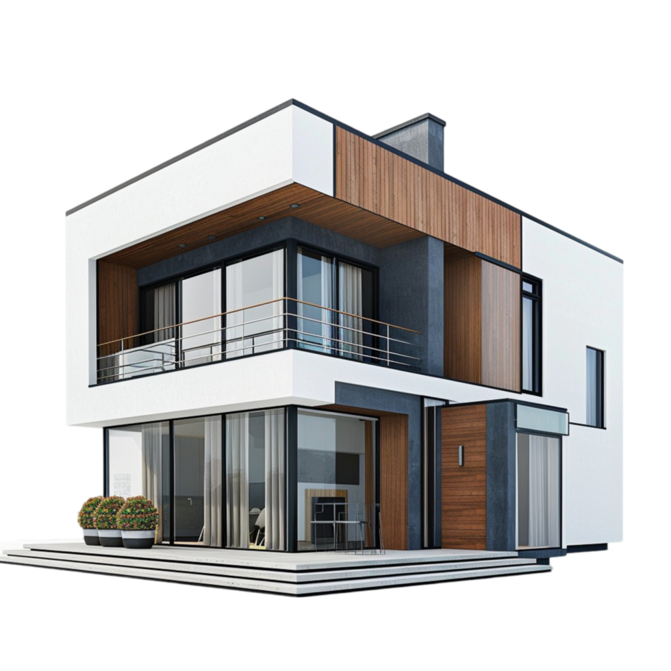 Modern house with balcony and windows on transparent background. png