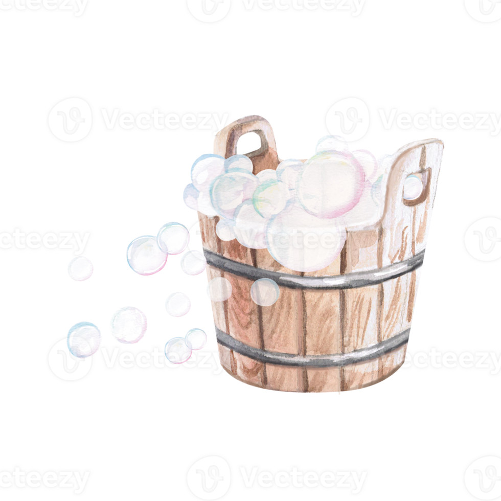 Wooden bucket and soap bubbles in watercolor illustration. Drawn illustration of foam for advertising spa, hamam, Turkish bath, Finnish sauna, cosmetic salons. png
