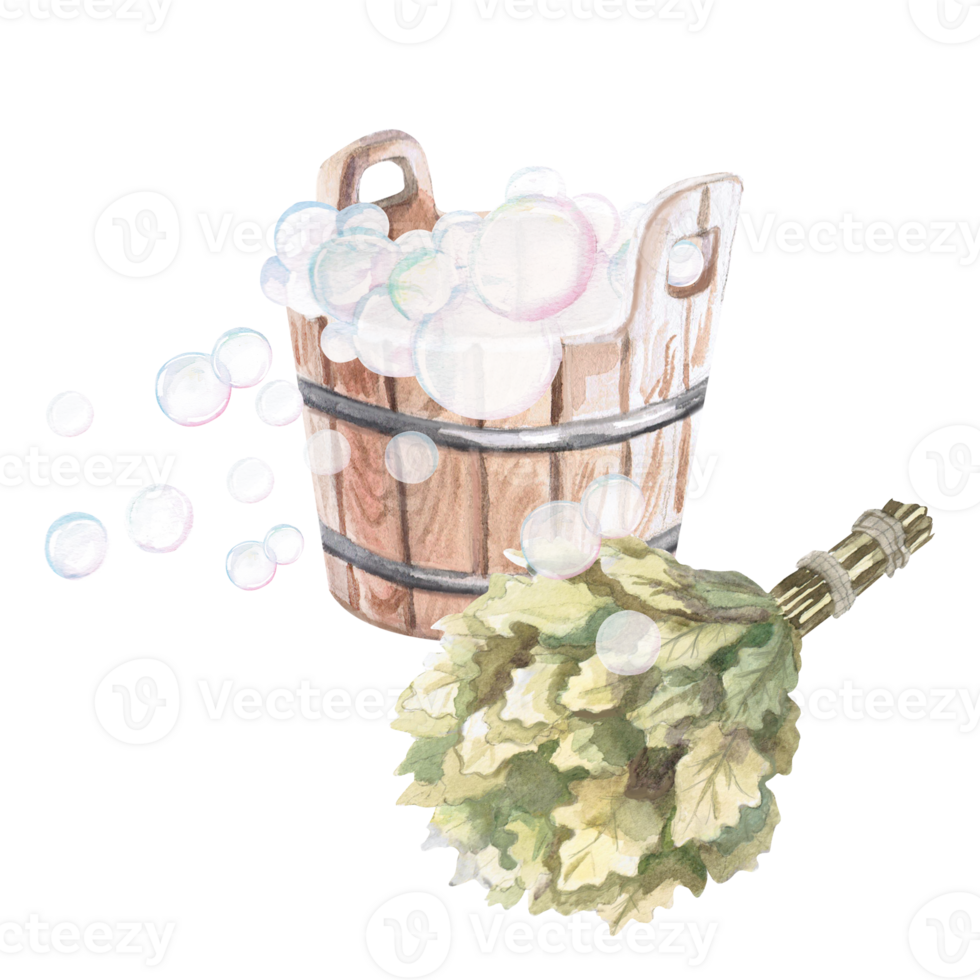 Wooden bucket with soap bubbles and oak broom in watercolor illustration Hand-drawn illustration of a set for advertising spa, hamam, Turkish bath, Finnish sauna, beauty salons png