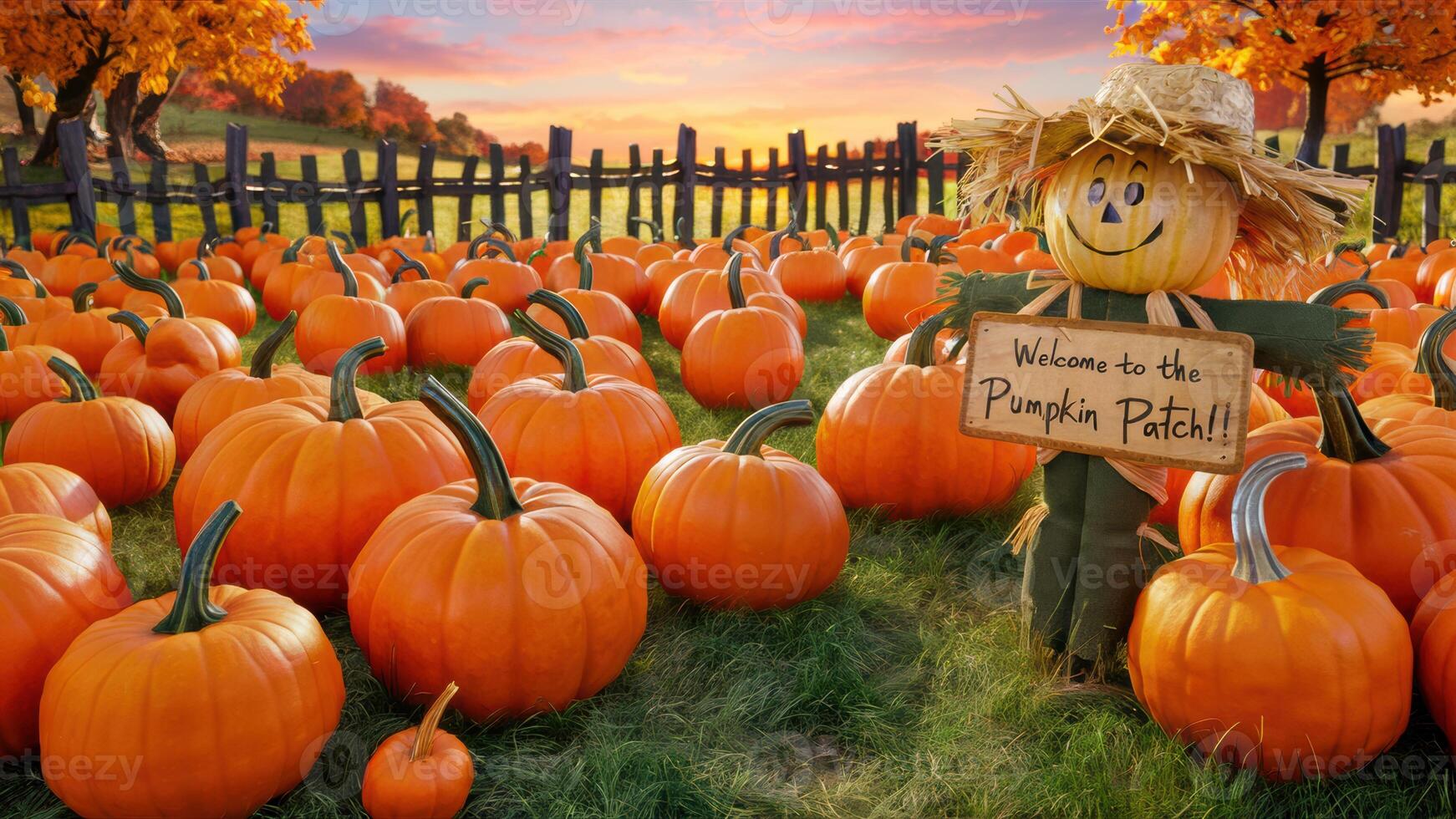A field of pumpkins with a scarecrow in the middle, AI photo