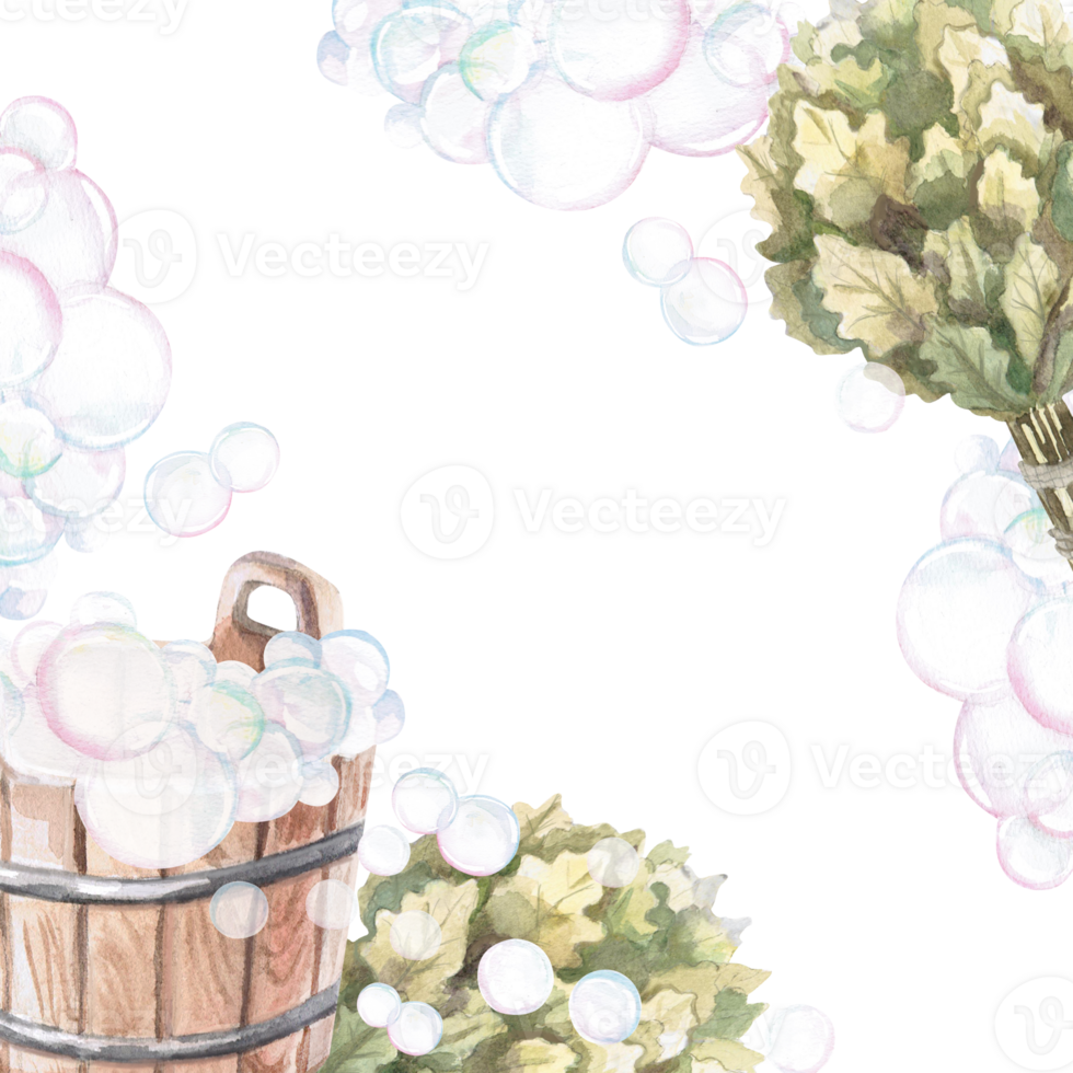 Wooden bucket with soap bubbles and oak broom in watercolor illustration . Hand-drawn illustration of a set for advertising spa, hamam, Turkish bath, Finnish sauna, beauty salons png