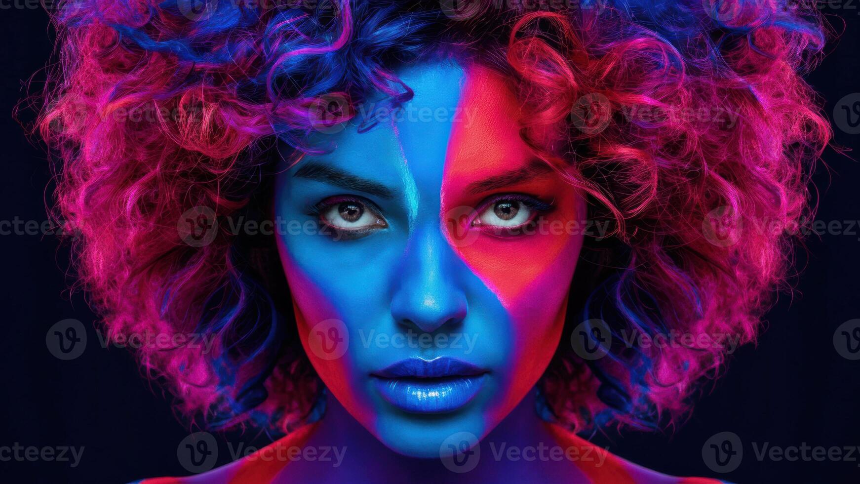 A woman with blue and pink hair posing for a picture, AI photo