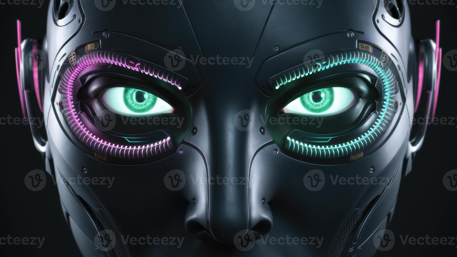 A close up of a robot's face with glowing eyes, AI photo