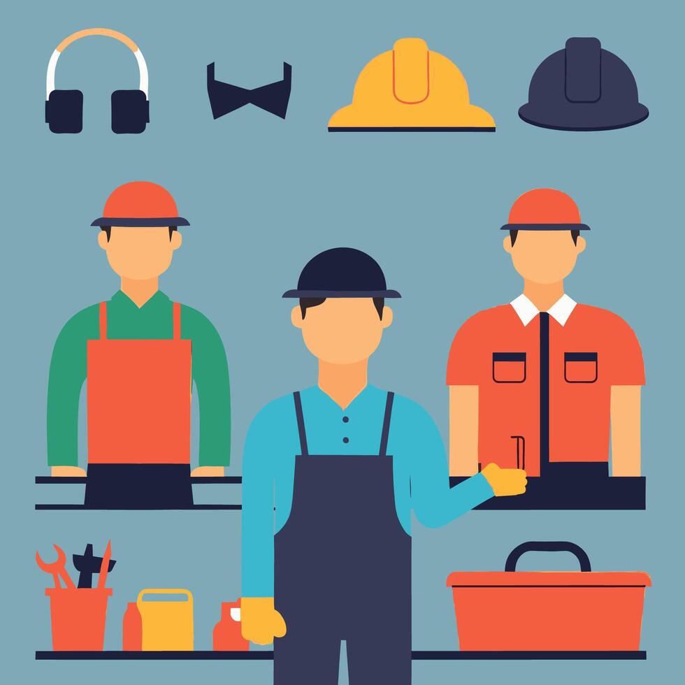 worker and builder wearing construction hat and tools vector