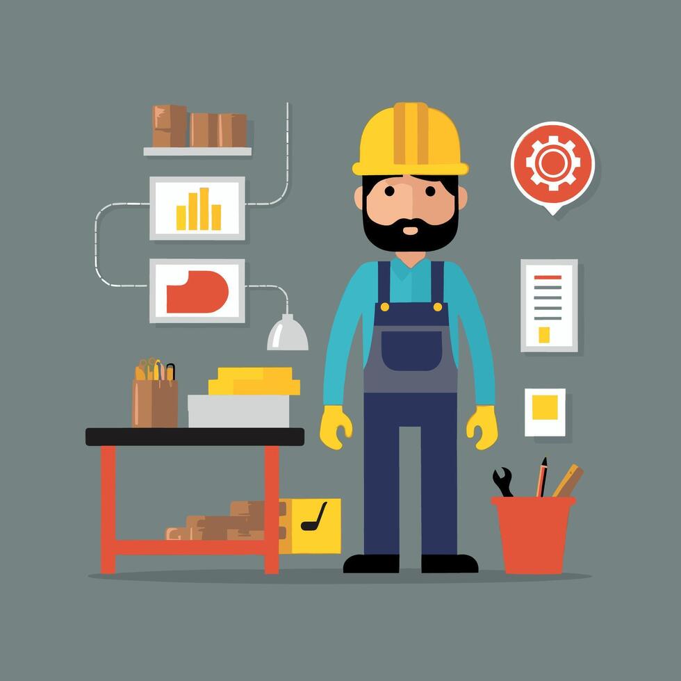 worker and builder wearing construction hat and tools vector