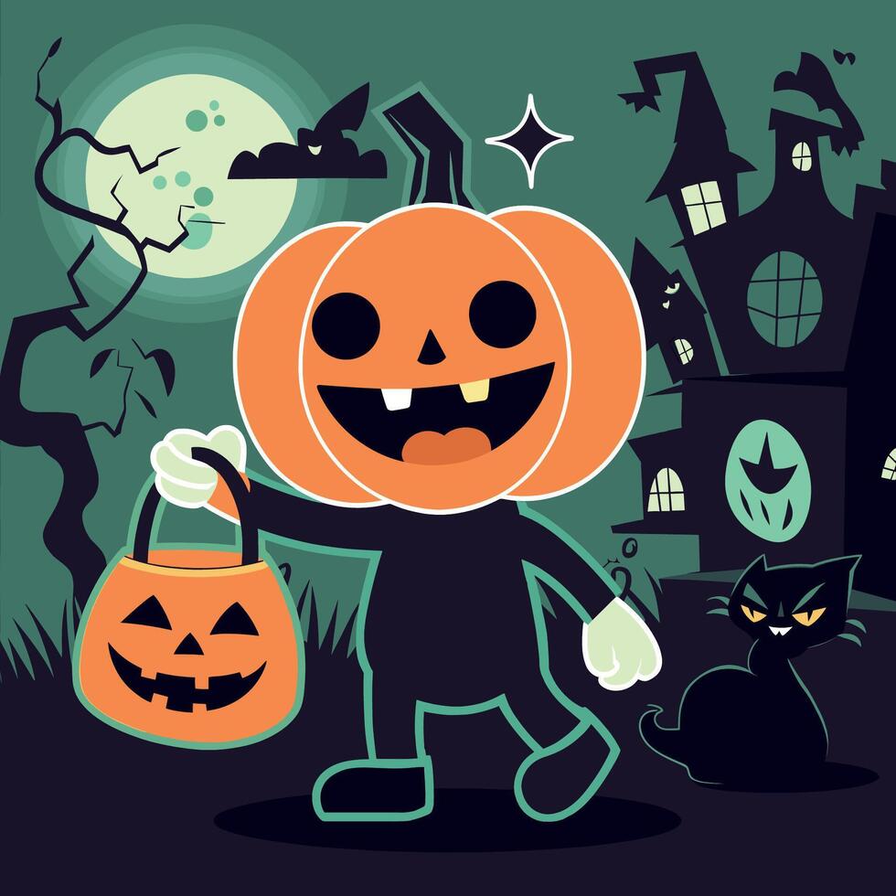 Halloween witch, skull and pumpkin, dark theme vector